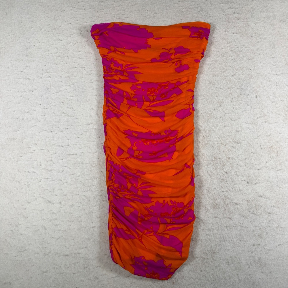 Express Womens Small Strapless Ruched Mesh Bodycon Dress Orange Pink Floral Mini
